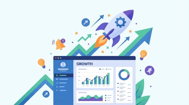 graphic illustration of computer screen displaying growth charts and graphs with rocket ship blasting off into the air