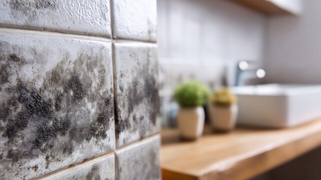 Close up of black mold growing on white ceramic bathroom tiles
