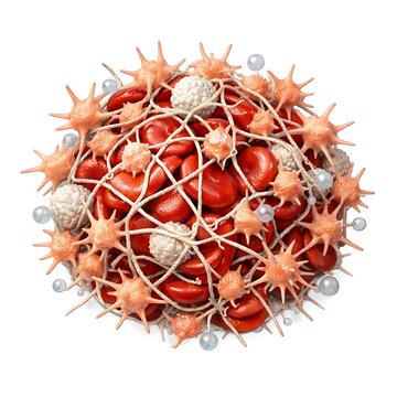 Microscopic 3D illustration of a blood clot with red blood cells, activated platelets, and fibrin mesh on white background.