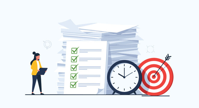 Task management and deadline concept featuring stack of documents, checklist, alarm clock, and red target icon.