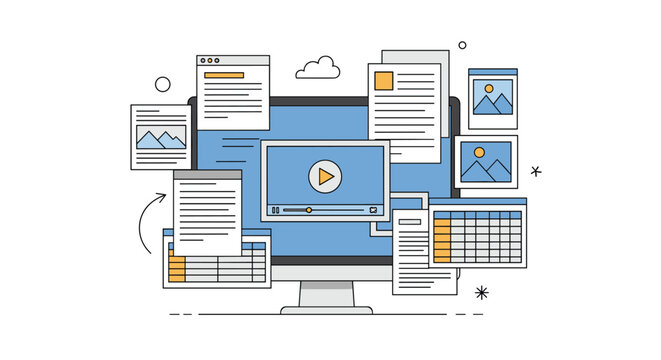 Digital multitasking and content management theme featuring computer monitor screen with various video, text, and spreadsheet windows.