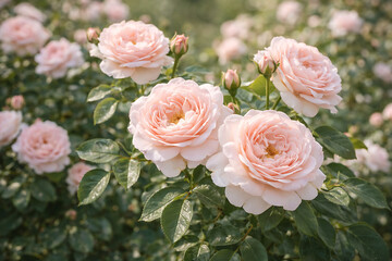 Obraz premium Delicate blush pink roses in a vibrant summer garden, showcasing their soft petals and lush green foliage under natural light, perfect for serene floral designs and romantic themes