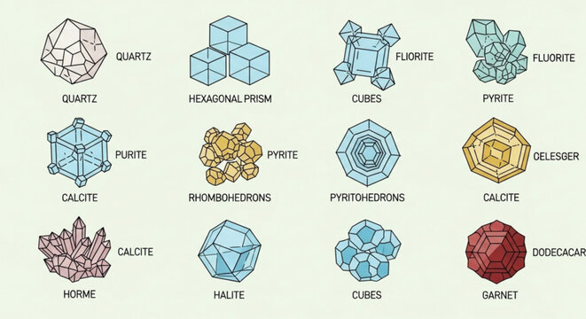 Various mineral crystals and gemstones with labels on light background