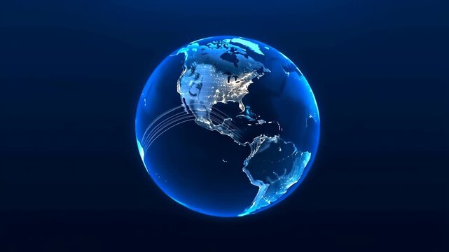 Earth globe with illuminated continents and air travel contrails at night featuring planet, world, blue with Africa and Europe elements for Asia,