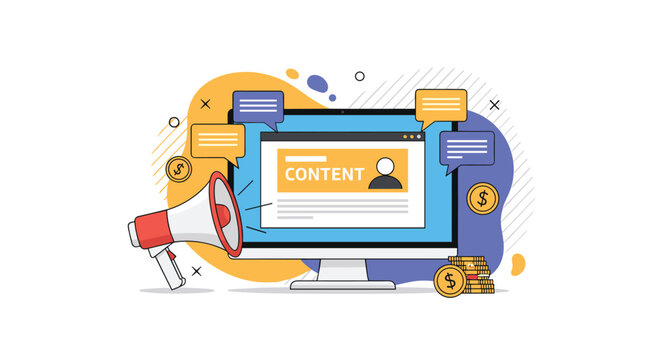 Content marketing strategy and online monetization concept showing a megaphone promoting digital content on a computer screen with coins.