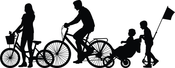 Obraz premium Silhouette of family with bicycles and stroller, parents and children outdoor activity vector illustration set