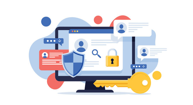 Personal data protection and internet privacy concept showing a computer screen with user profiles and security shield and key icons.