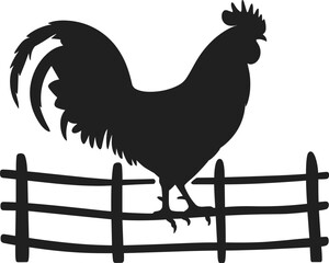 Silhouette of rooster standing on wooden fence, farm animal chicken, morning sunrise vector illustration set © Masum
