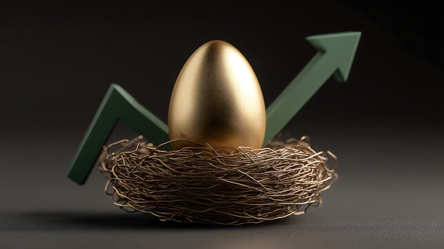 Golden egg resting comfortably in nest with green arrow pointing up showing optimistic finance growth and successful wealth investment