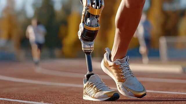 Adaptive Athlete's stride: Witness the strength and determination of an athlete with a prosthetic leg as they sprint confidently along a race track, symbolizing resilience, and overcoming adversity. 