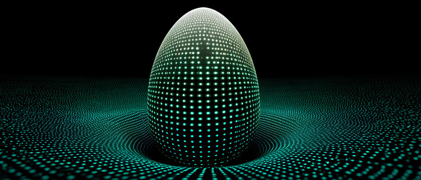 Abstract background featuring futuristic easter egg formed by digital glowing green dot pattern creates an intriguing mysterious feeling