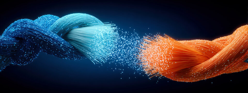 Abstract fiber optic data transfer and network connection between two systems on dark background