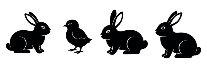 Obraz premium Black silhouettes of three rabbits and one bird on white background