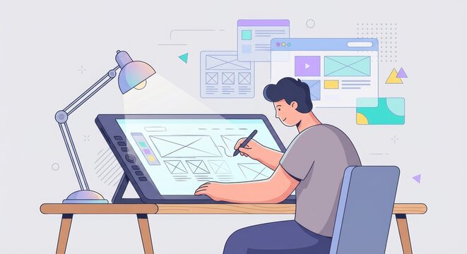 man sitting at desk working on large computer screen with stylus and surrounded by design elements.