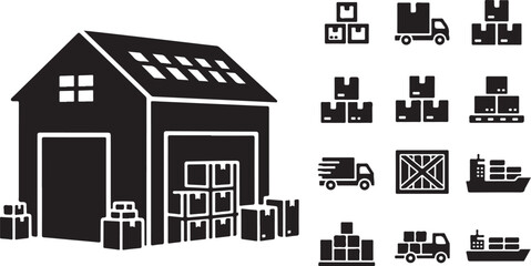 Obraz premium Warehouse and logistics icons in black and white illustration