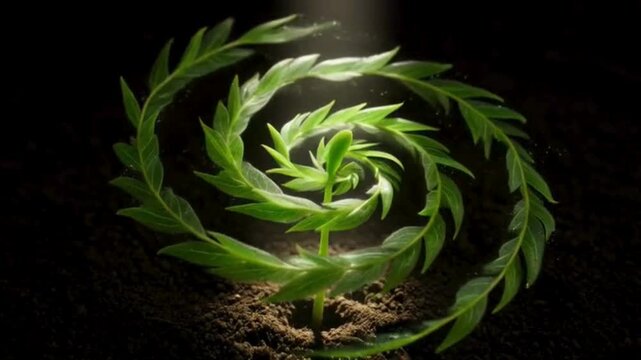 Conceptual sequence of a seed germinating and growing into a lush green spiral plant illuminated by a single beam of light in darkness.