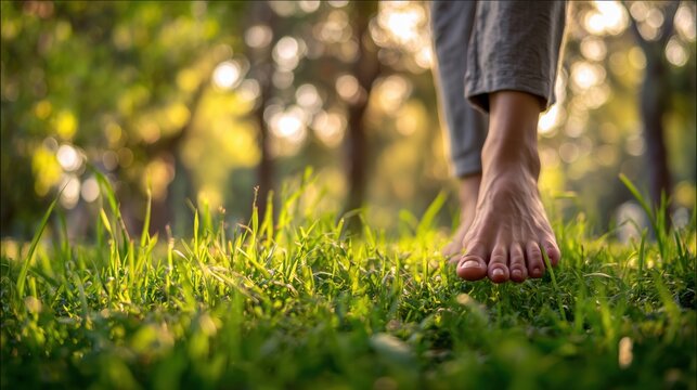 Close up of barefoot person walking on green grass in park