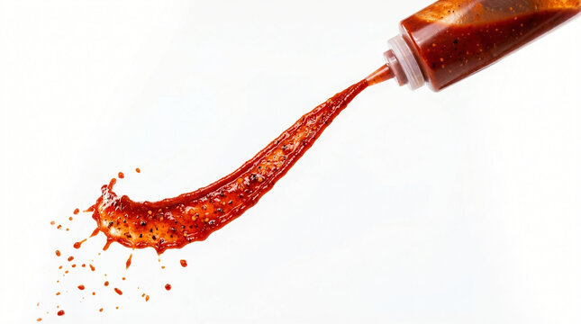 A thick stream of spicy barbecue sauce being squeezed from a plastic condiment squeeze bottle