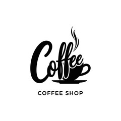 Obraz premium Stylish black and white coffee shop logo design featuring elegant script typography for 'Coffee' and a steaming cup, perfect for branding, cafes, and beverage businesses.