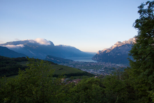 High-angle panoramic view of Sarca Valley and Lake Garda from the Trentino Alps.