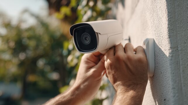 Technician hands installing security camera on white wall outdoor