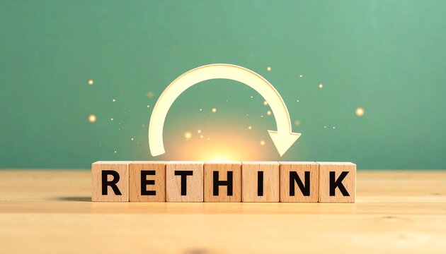 Conceptual Image Featuring Wooden Blocks Spelling RETHINK Arranged in an Arc with Circular Arrows Symbolizing Change and New Perspectives