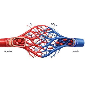 Human Capillary Bed Anatomy showing Oxygen and Carbon Dioxide Gas Exchange with Red Blood Cells