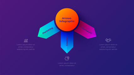 3 step radial arrow infographic diagram with central circular hub and three branching directional segments
