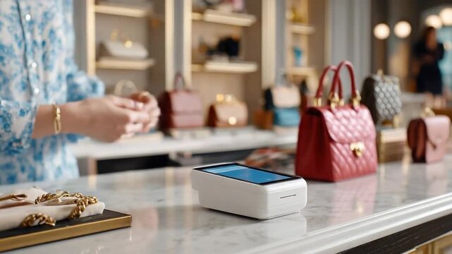 Luxury Retail Experience: A poised hand transacts a sale, epitomizing the elegance and personalized service of a luxury retail environment, surrounded by exquisite designer bags and accessories.