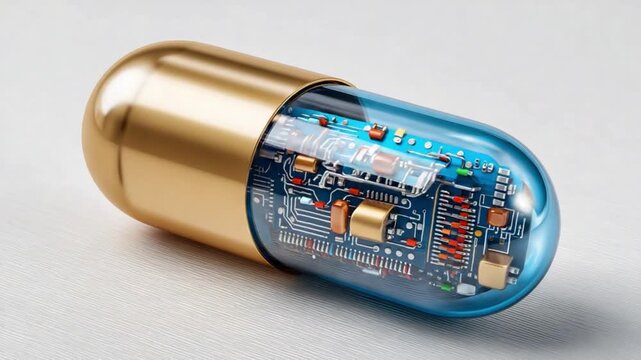 Ingenious Microchip Pill: A captivating image showcases a meticulously crafted pill, revealing its intricate microchip components within, a marvel of science and technological innovation.