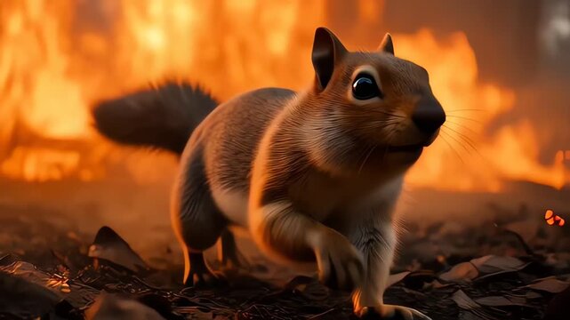 Squirrel leaping to escape intense forest fire flames