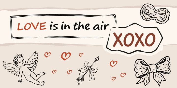 Romantic doodles and lettering celebrate love with hearts and cupid s arrow