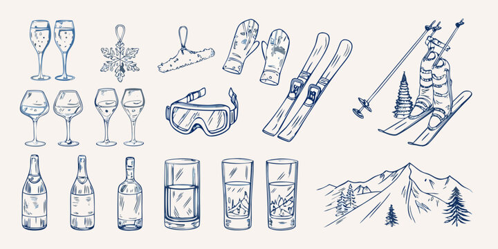Winter holiday themed sketch featuring champagne skis and mountain scenery