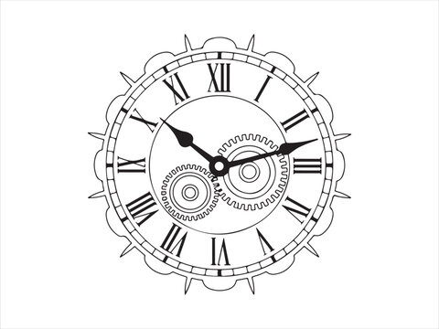 Vintage Clock Mechanism with Gears, Time Concept Line Art Vector Illustration
