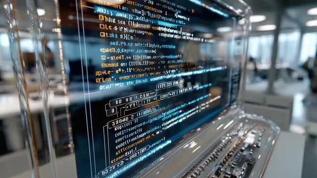 Decoding Digital Script: An illuminated computer screen reveals intricate lines of code, symbolizing the essence of modern technology and data analysis.