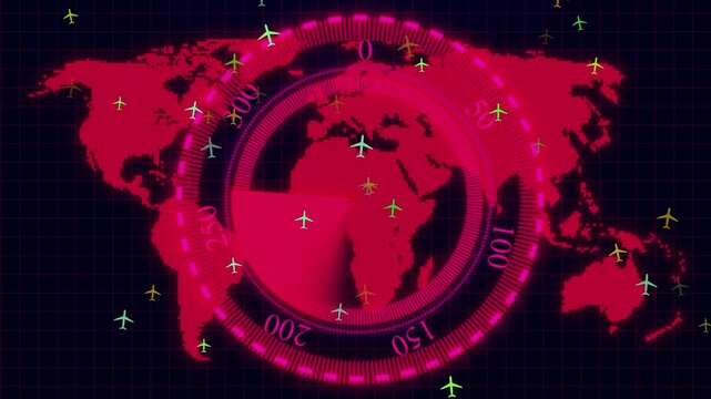 High-tech Digital Air Traffic Control Radar Interface Featuring A Vibrant Pink Glowing Sweep Arm Rotating Over A Red Dotted World Map With Multiple Colored Airplane Icons, Futuristic Global Logistics 