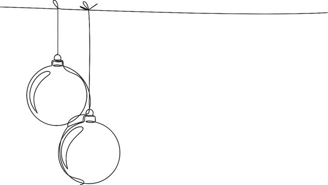 Minimalist continuous line drawing of two hanging christmas tree ornaments on a simple string
