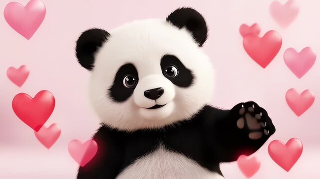 Cute 3D Panda Waving with Floating Hearts on Pink Background
