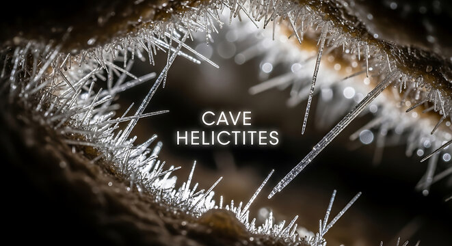 A close-up view of delicate ice formations, specifically cave helictites, grow in a dark cave.