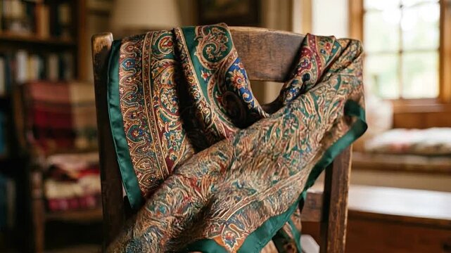 Vintage paisley scarf draped over wooden chair evoking cozy second hand luxury with elegant textile pattern in rich jewel tone green and brown warmth