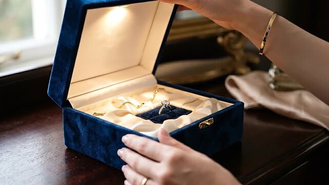 Elegant engagement ring velvet box with satin lining and gold necklace open jewelry box hands holding ring display luxury second hand keepsake