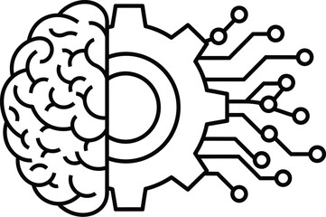 Obraz premium A conceptual line art illustration showing the fusion of a human brain with mechanical gear parts