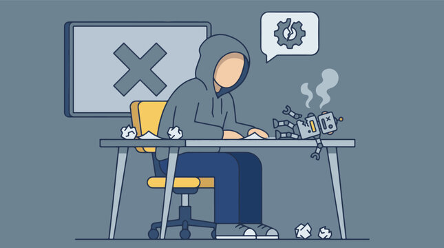 Digital illustration of coding failure and technical breakdown frustration