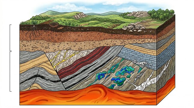 Geological cross-section of the Earth showing different layers of soil with deposits