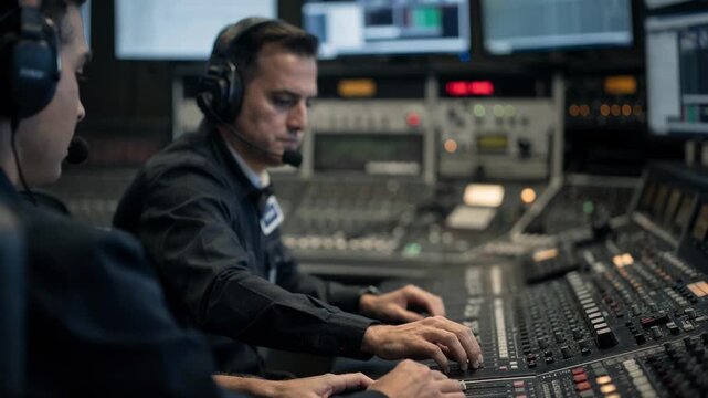 Master control staff conducting technical testing at the console sharp focus on operator conferring with headset while background switches and screens remain out of focus.