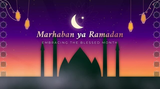 Marhaban ya Ramadan Greeting Animation with Mosque Silhouette, Hanging Lanterns, and Crescent Moon on Sunset Background