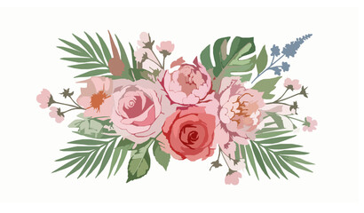 Watercolor rose peony and wildflower bouquet with tropical leaves hand drawn botanical floral clipart illustration © MdShakib