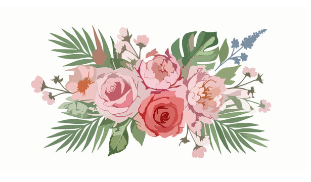 Watercolor rose peony and wildflower bouquet with tropical leaves hand drawn botanical floral clipart illustration