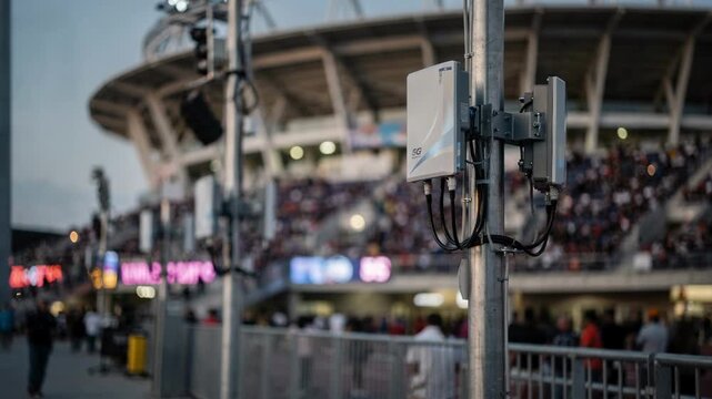 Medium shot capturing 5G small cell antennas mounted on poles near a packed stadium exterior blurred crowds and signage adding dynamic energy to the image.