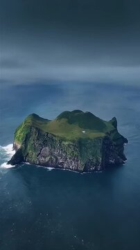 aerial drone view of lone white house on green ellidaey island westman islands